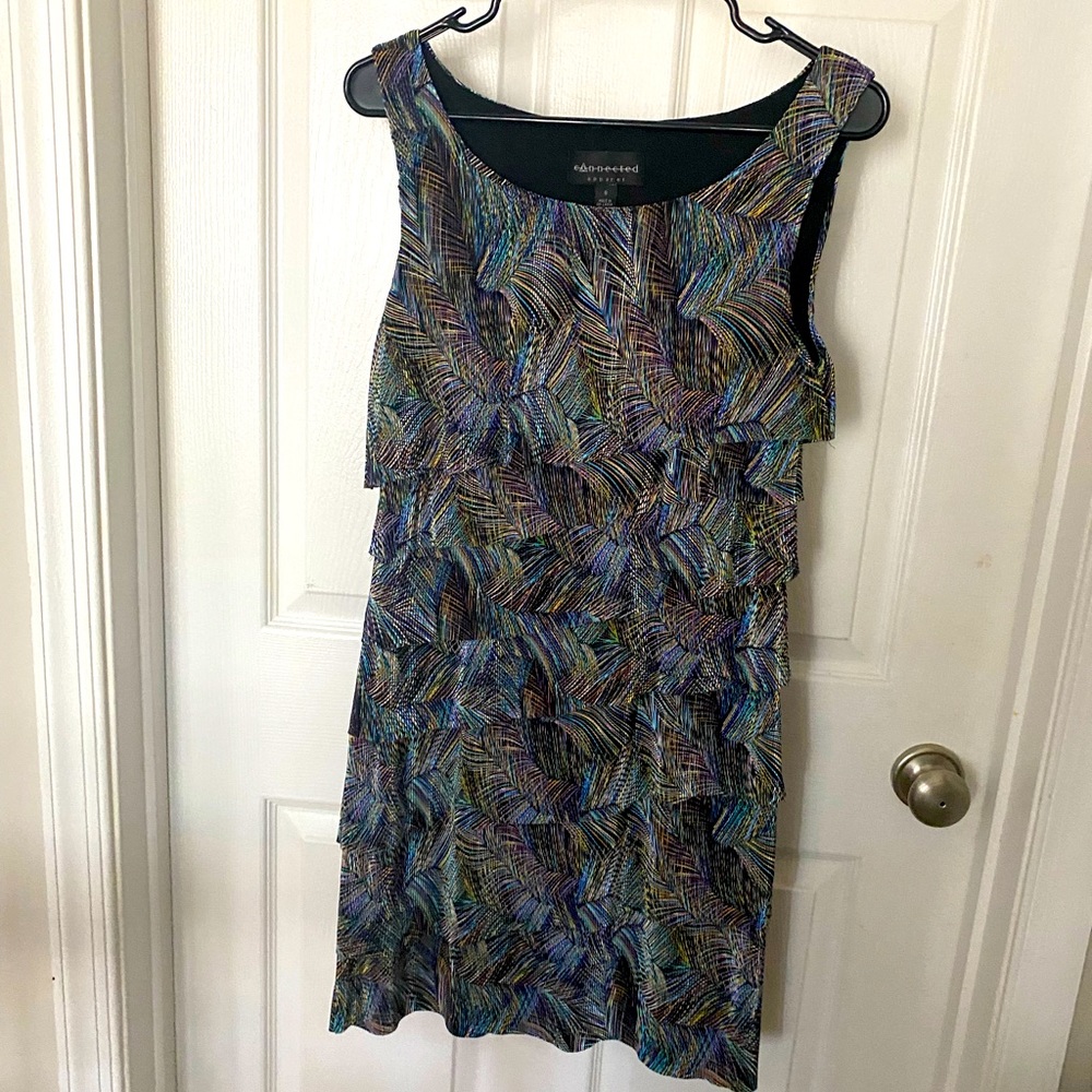 Connected ruffle multicolored tiered dress.